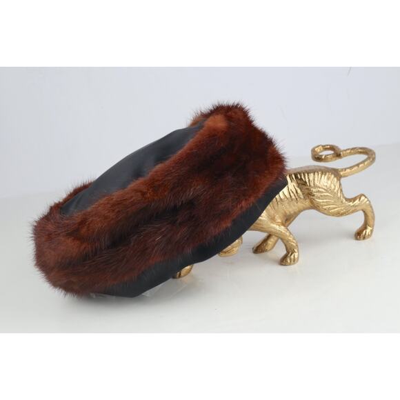 Vintage Brown Mink Fur Pillbox Hat With Black Satin Tims Trendy main image 10